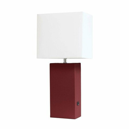 FEELTHEGLOW Modern Leather Table Lamp with USB and White Fabric Shade, Red FE2751801
